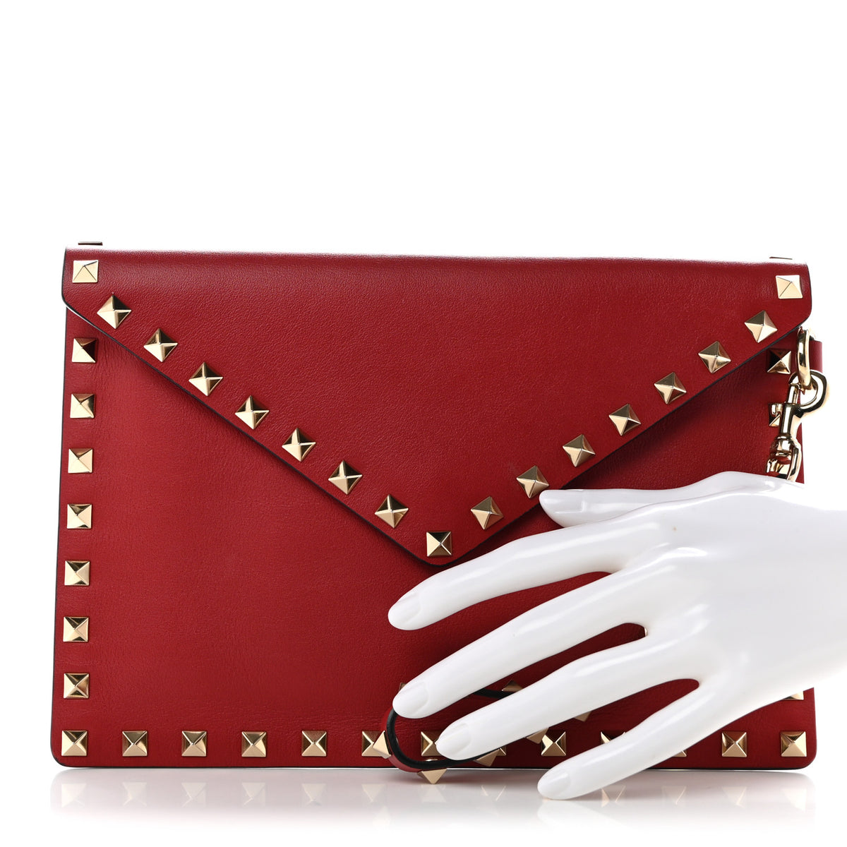 Vitello Medium Rockstud Envelope Flat Wristlet Pouch Red