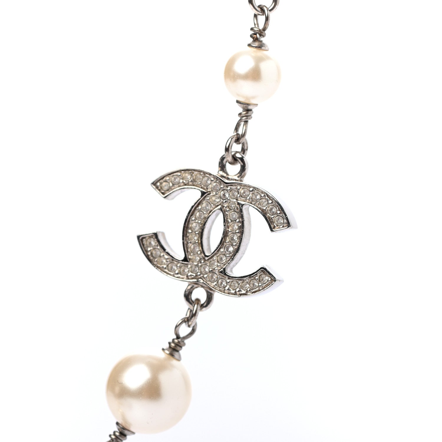 Chanel Crystal Pearl CC Long Necklace Silver 4 of 6