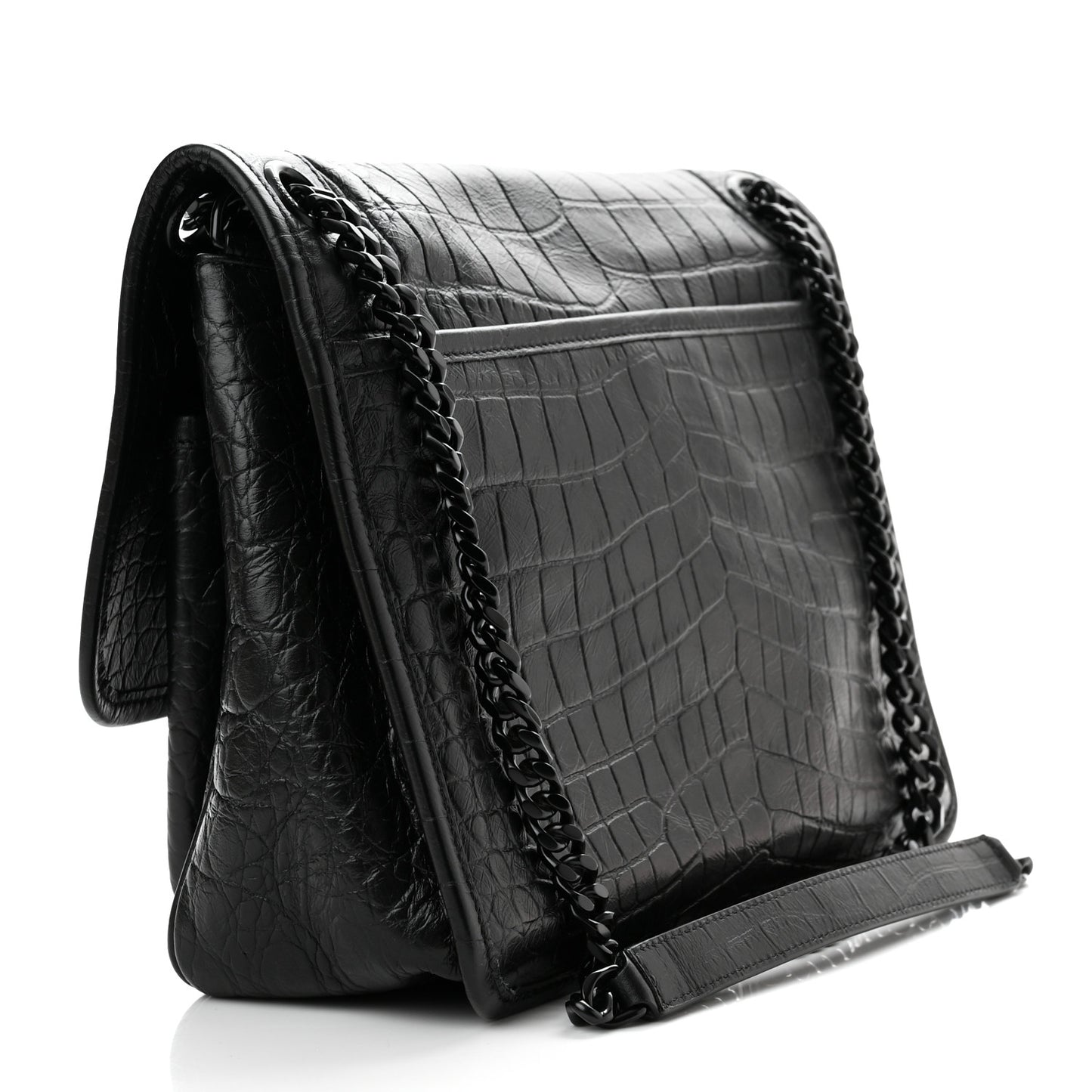 Crocodile Embossed Lambskin Monogram Medium Niki Chain Satchel Black