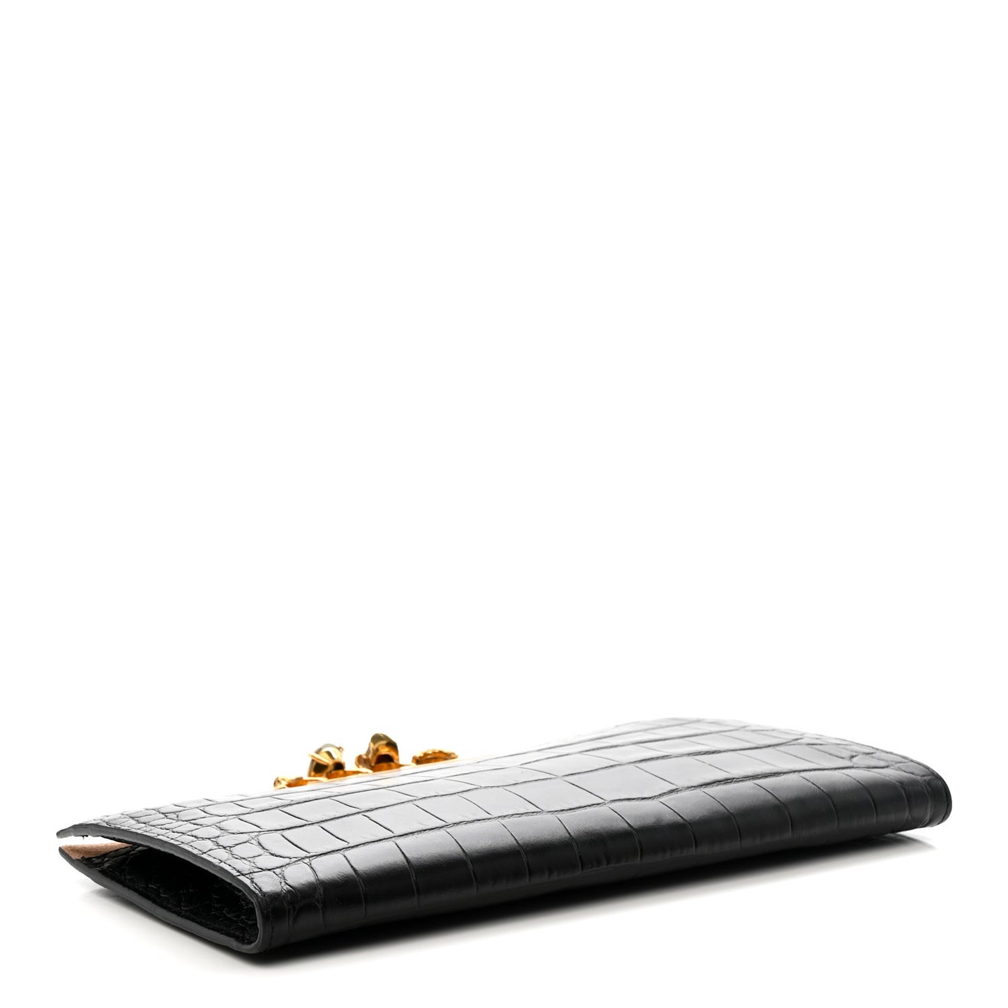 Calfskin Crocodile Embossed Knuckle Flat Clutch Black Gold
