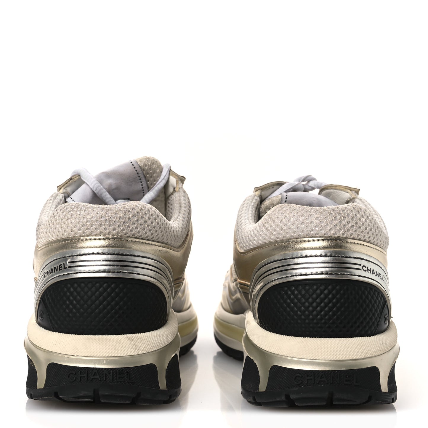 Fabric Laminated Calfskin Stretch CC Sneakers 37 White Gold Silver