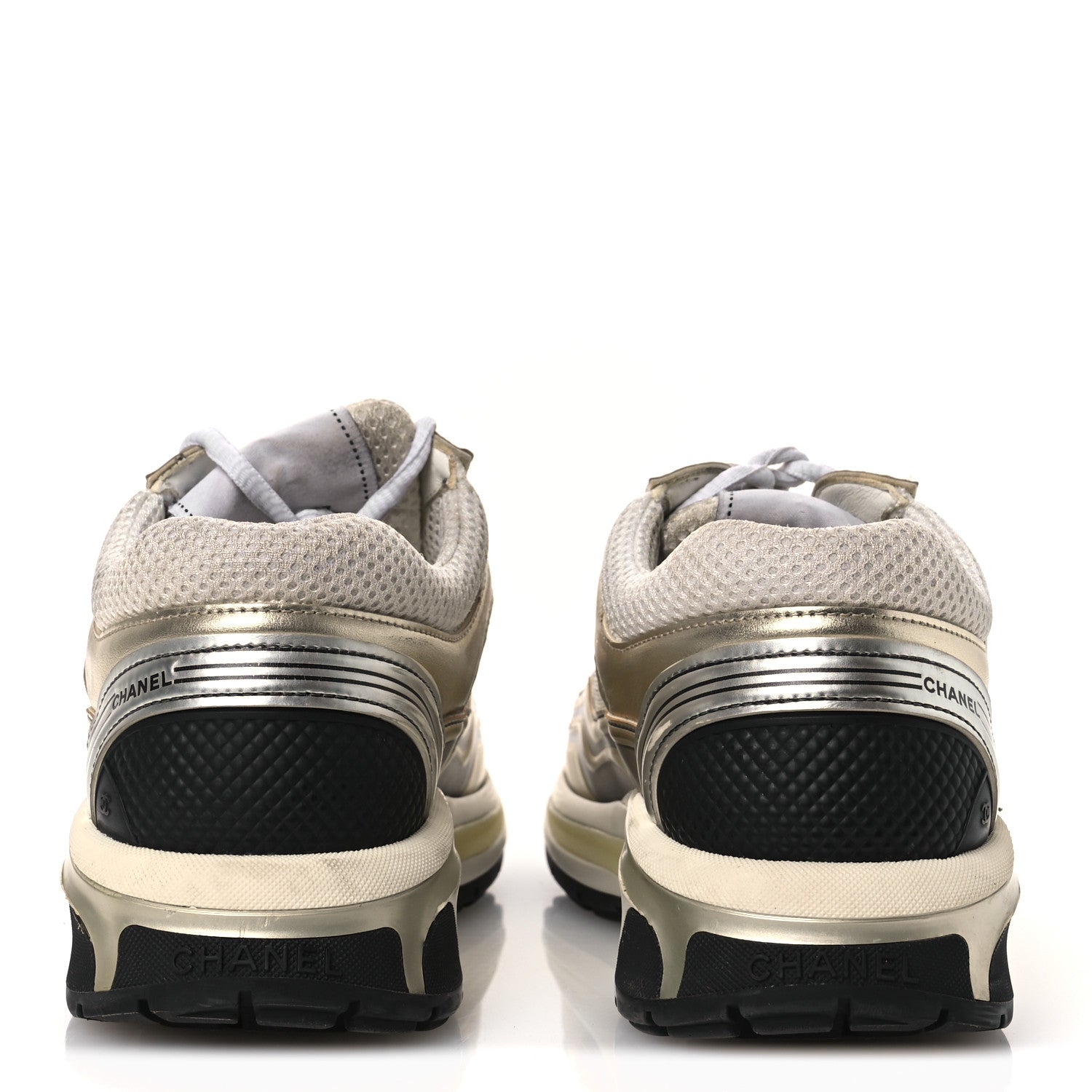 Chanel Fabric Laminated Calfskin Stretch CC Sneakers 37 White Gold Silver 6 of 18
