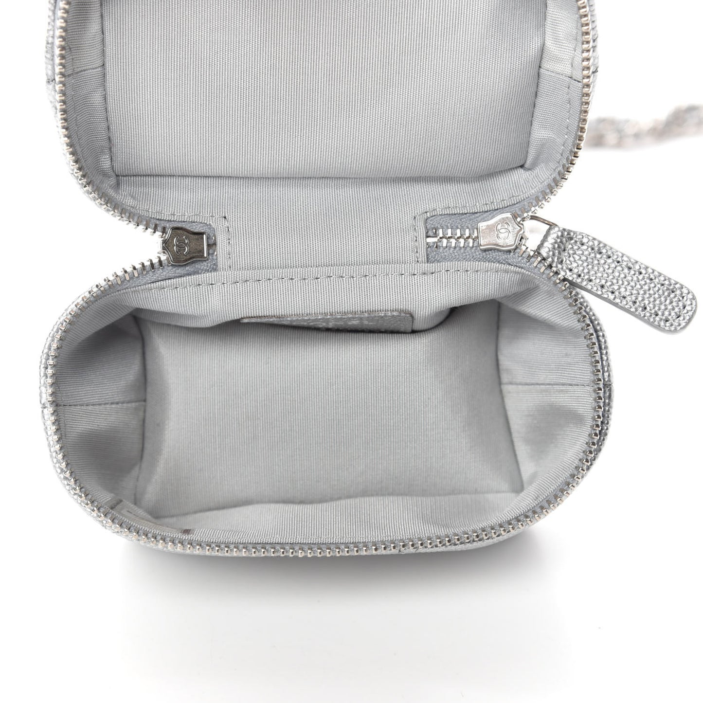 Metallic Caviar Quilted Mini Top Handle Vanity With Chain Silver