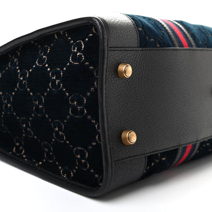 Gucci Velvet GG Monogram Textured Calfskin Web Medium Duffle Bag Blue Beige Black 8 of 9