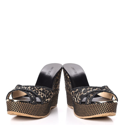 Jimmy Choo Woven Raffia Leopard Print Perfume Wedge Sandals 37.5 Black 6 of 10