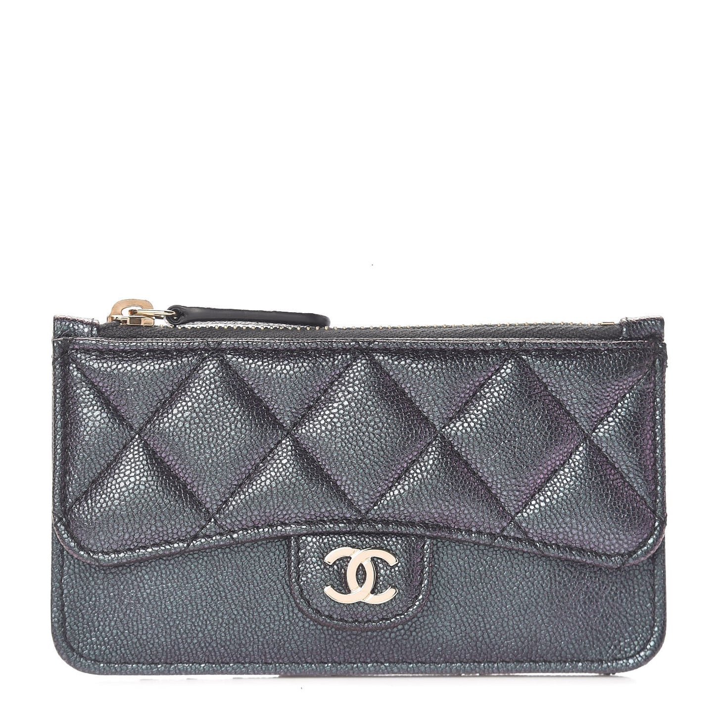 Iridescent Caviar Quilted Flap Zip Card Holder Black