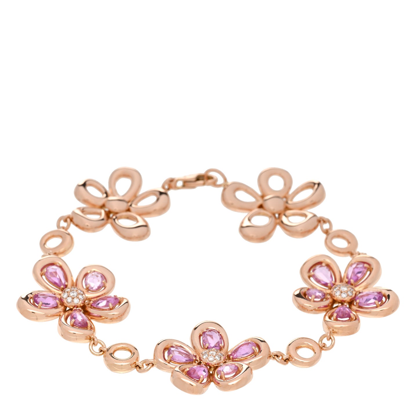 18K Rose Gold Diamond Pink Sapphire Flower Station Bracelet