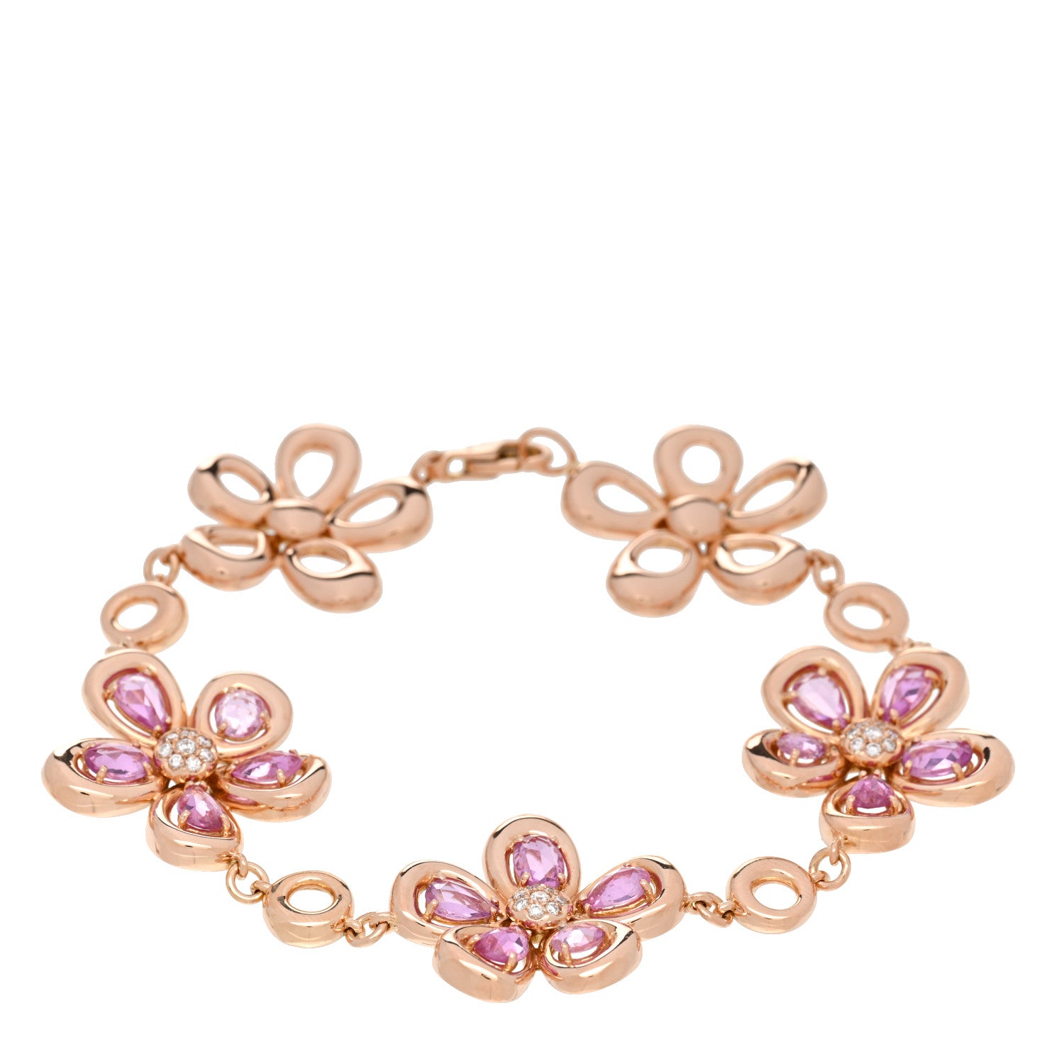 Roberto Coin 18K Rose Gold Diamond Pink Sapphire Flower Station Bracelet 1 of 4