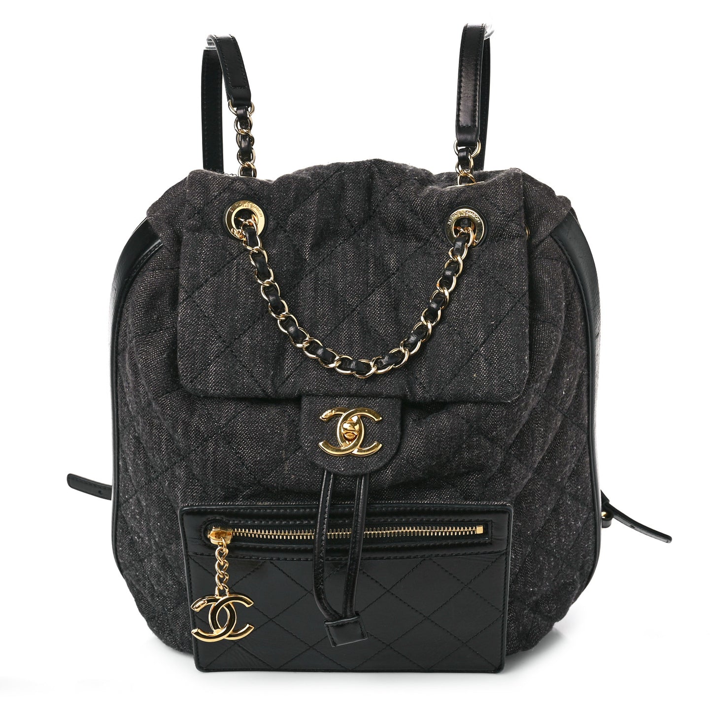 Denim Calfskin Quilted Backpack Dark Grey Black