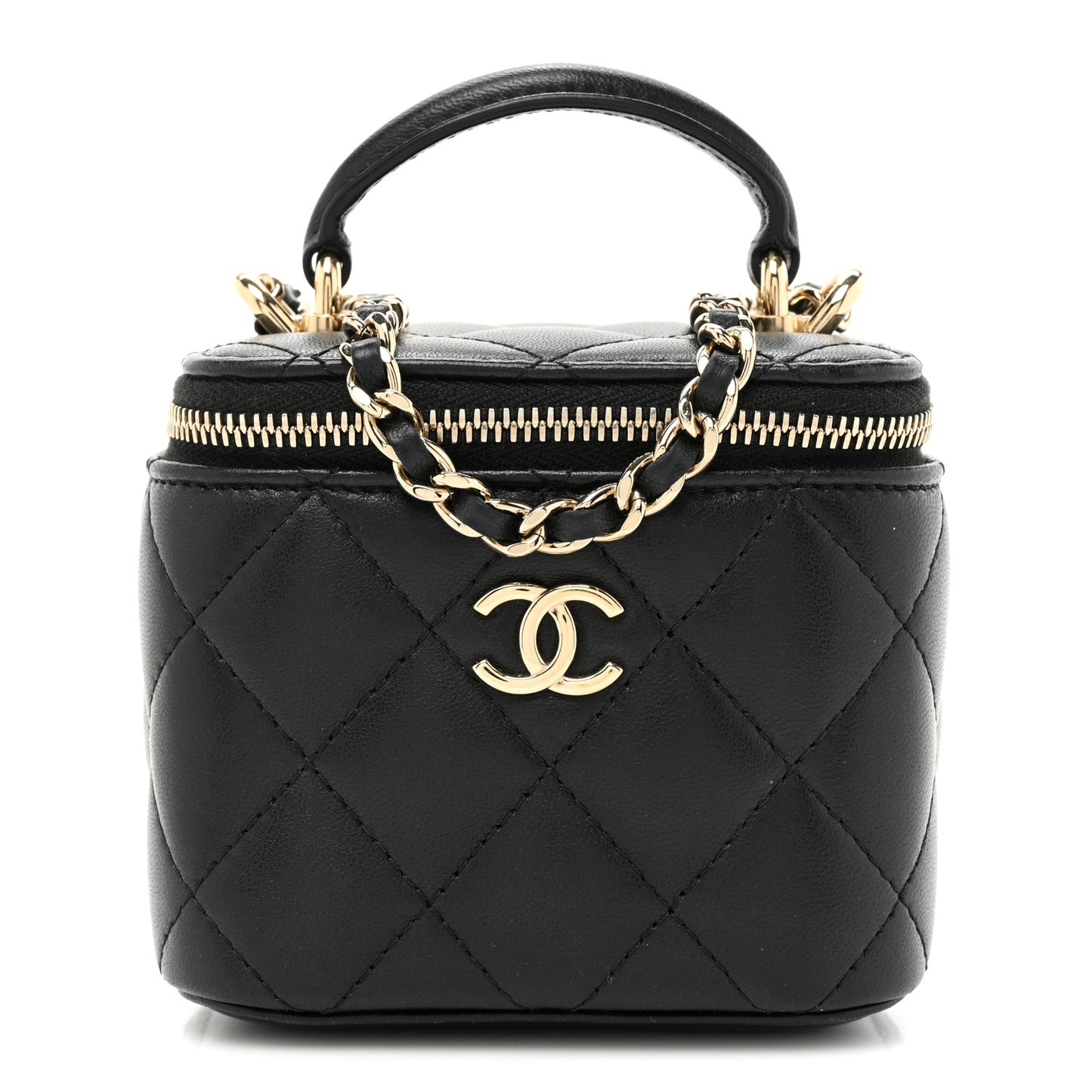 Lambskin Quilted Top Handle Mini Vanity Case With Chain Black