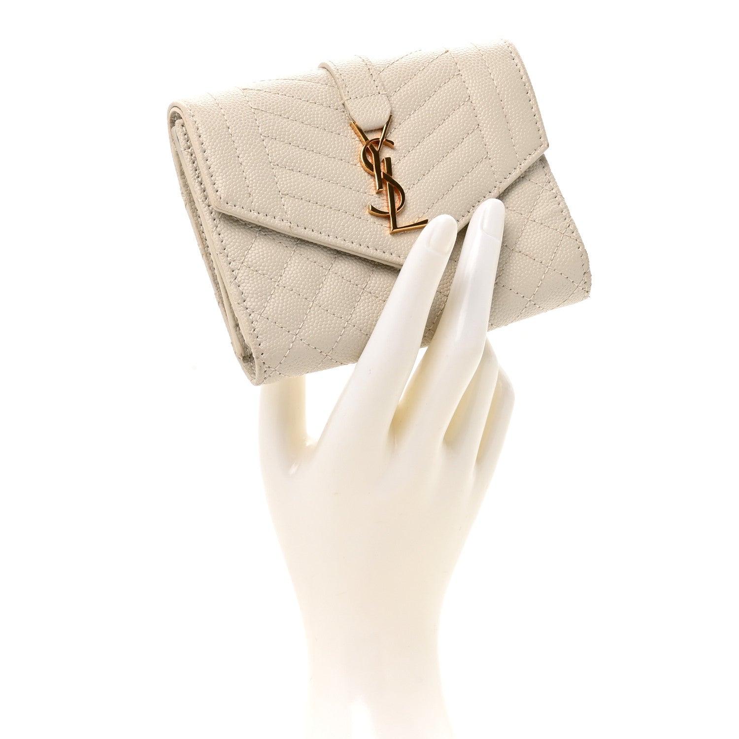 Saint Laurent Grain De Poudre Mixed Matelasse Triquilt Monogram Compact Tri Fold Wallet Blanc Vintage 2 of 9