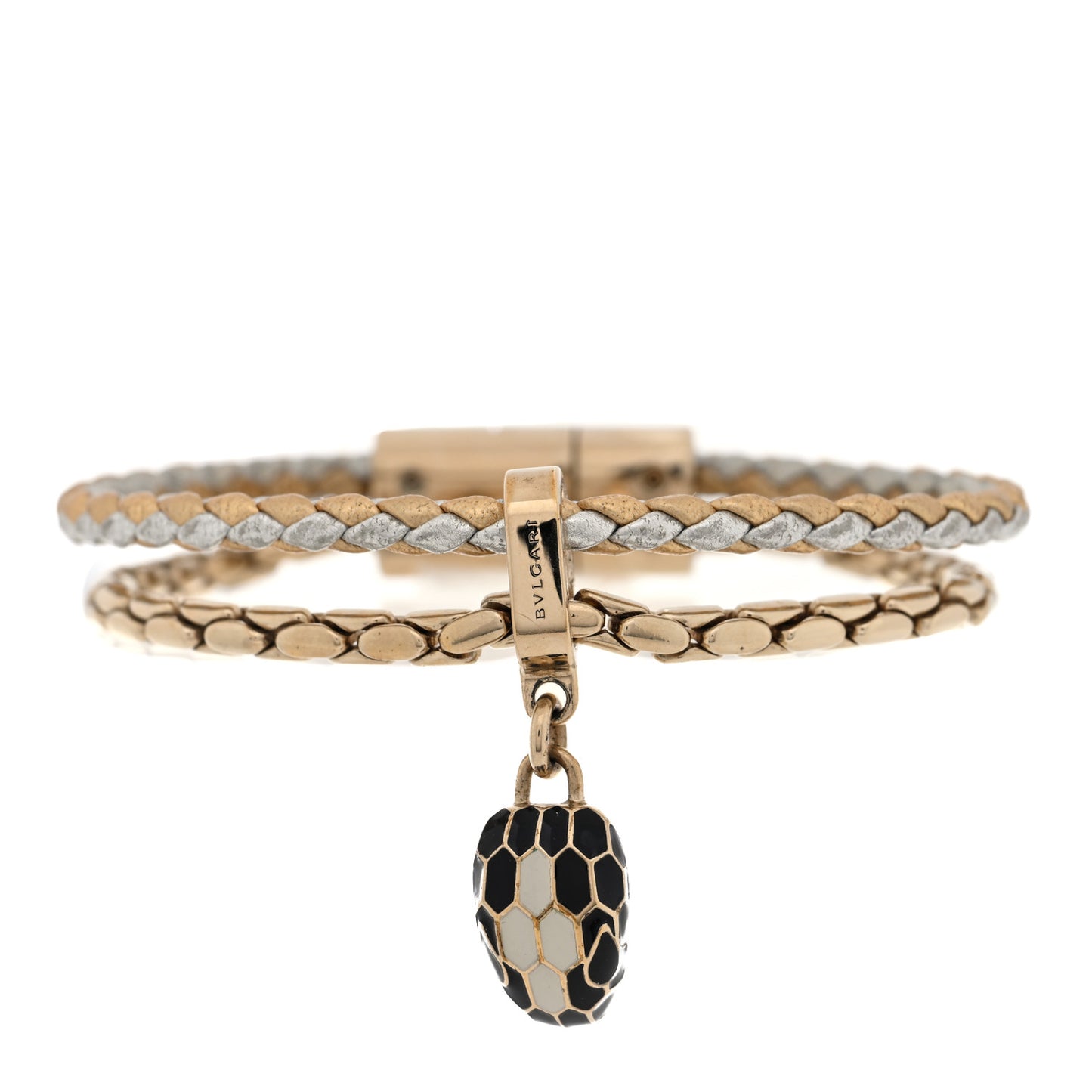 Metallic Calfskin Braided Brass Enamel Serpenti Forever Double Coil Bracelet Gold Silver