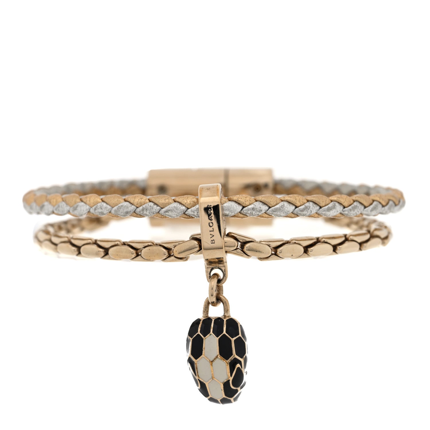 Bulgari Metallic Calfskin Braided Brass Enamel Serpenti Forever Double Coil Bracelet Gold Silver 1 of 4