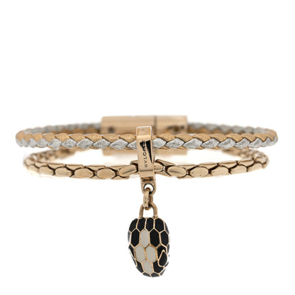 Bulgari Metallic Calfskin Braided Brass Enamel Serpenti Forever Double Coil Bracelet Gold Silver 1 of 4