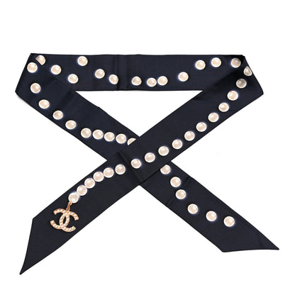 Chanel Silk Pearl CC Slim Bandeau Scarf Navy 1 of 3