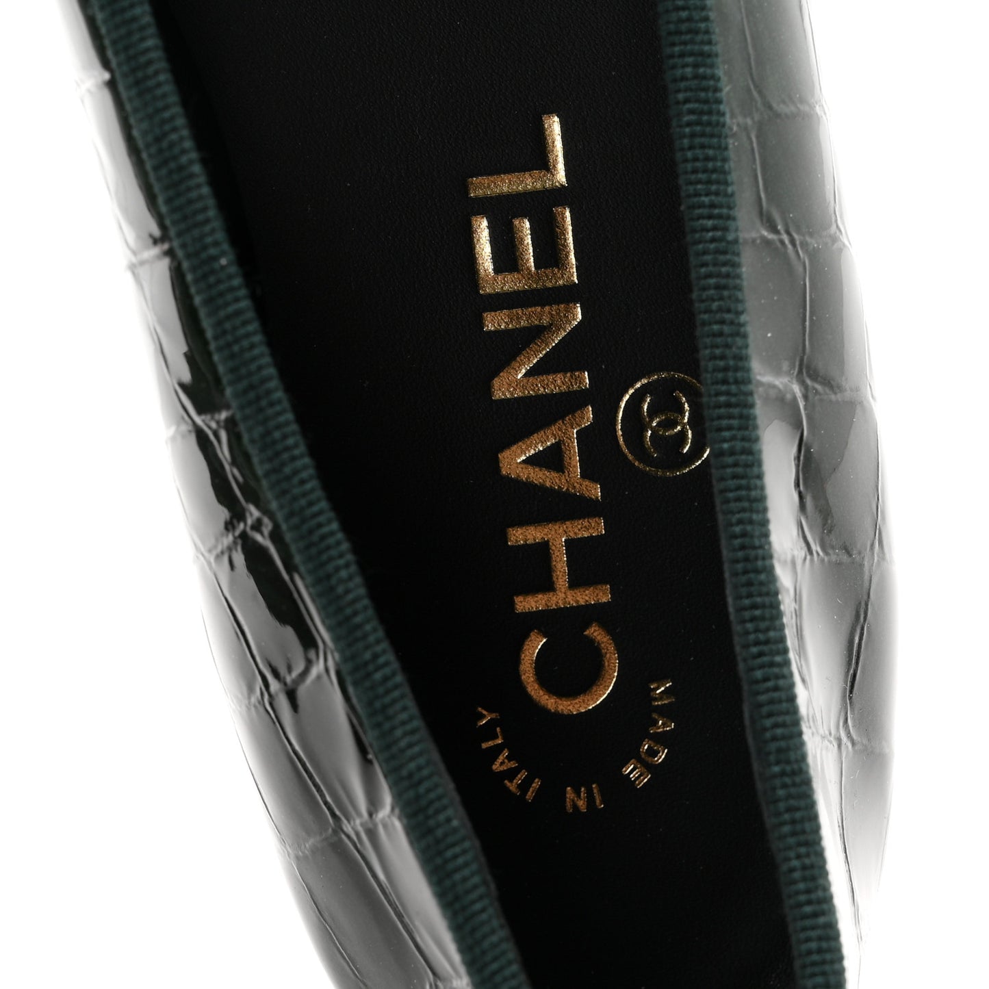 Patent Calfskin Crocodile Embossed Ballerina Flats 36.5 Dark Green Black