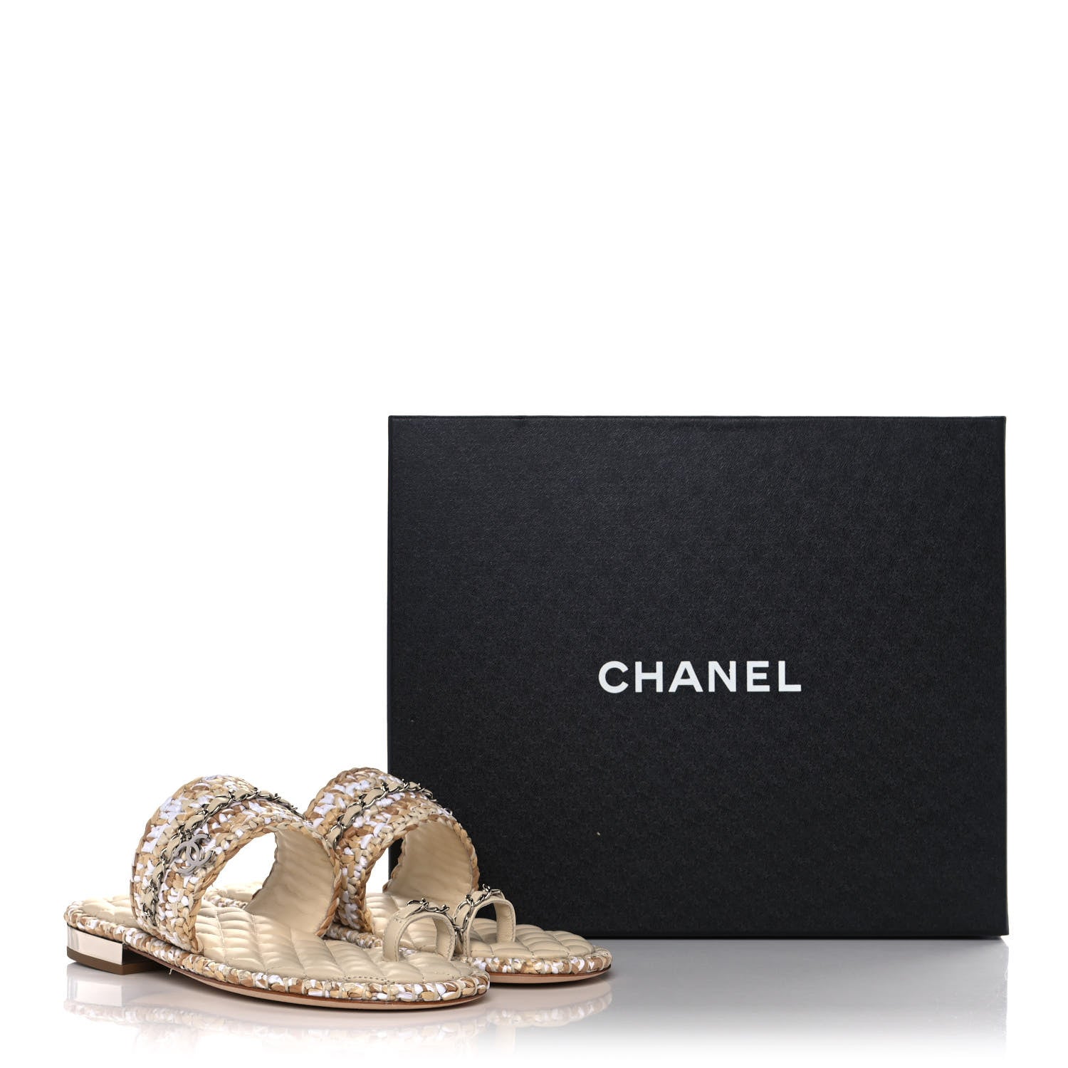 Chanel Raffia Lambskin Woven Chain CC Toe Ring Sandals 38 Beige White 10 of 10