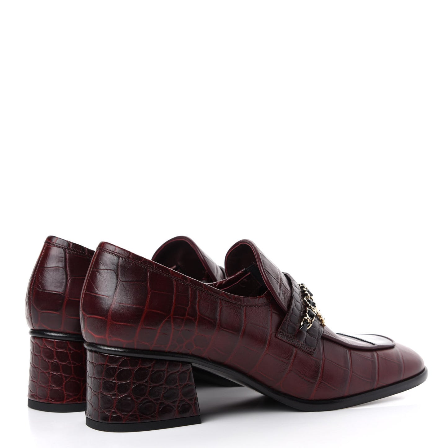Crocodile Embossed Calfskin CC Chain Mocassin Loafers 39 Burgundy Black