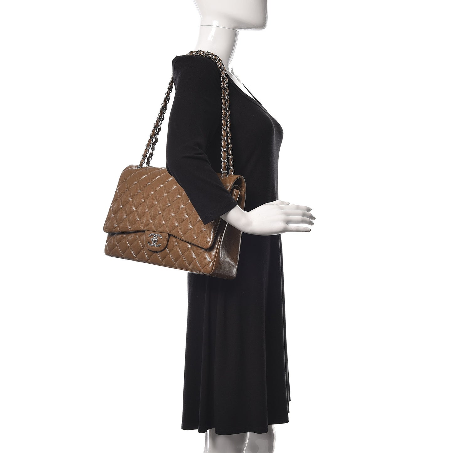 Caviar Quilted Maxi Double Flap Light Brown