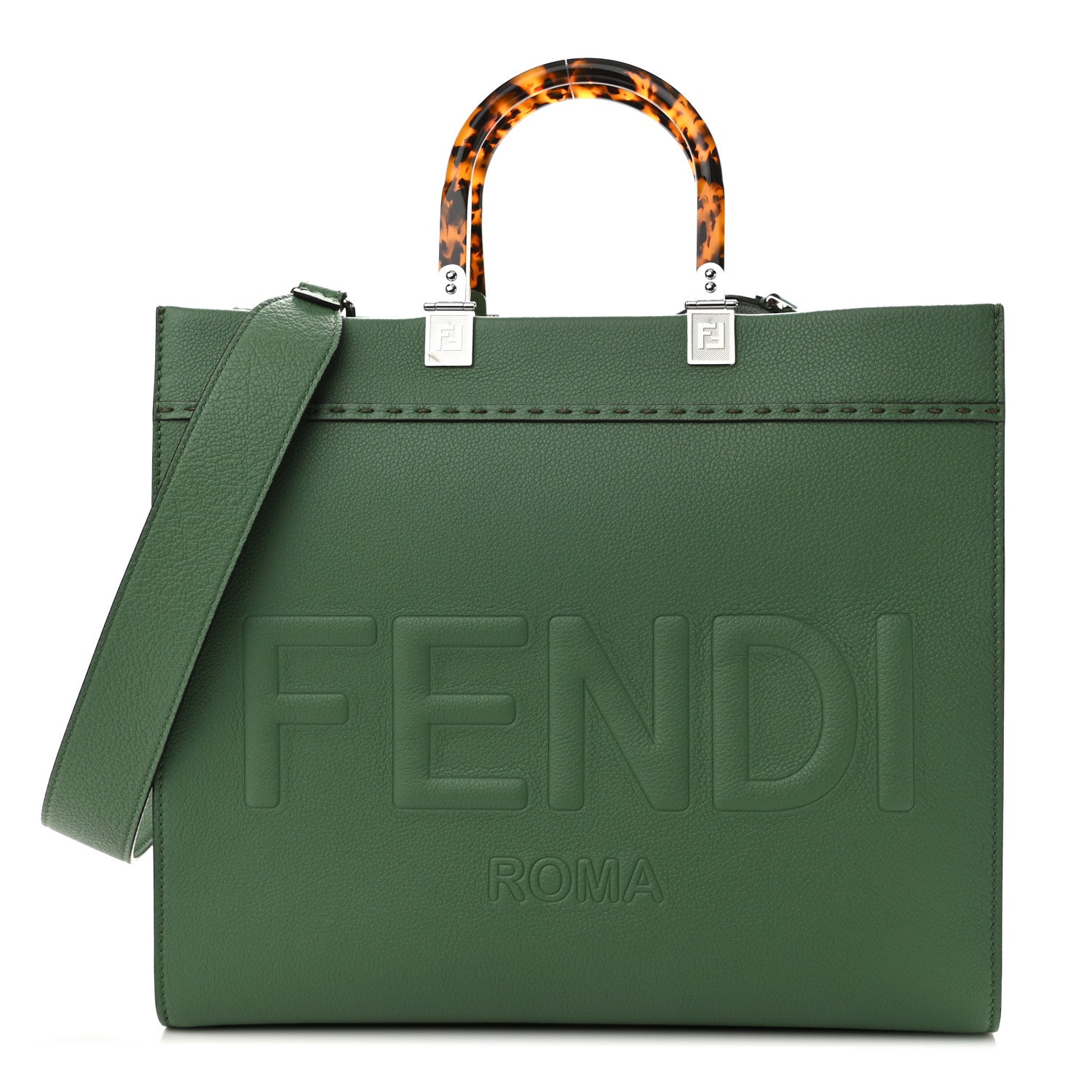 Fendi Vitello Cher Plexiglass Logo Debossed Medium Fendi Sunshine Shopper Tote Verde Islanda 1 of 10