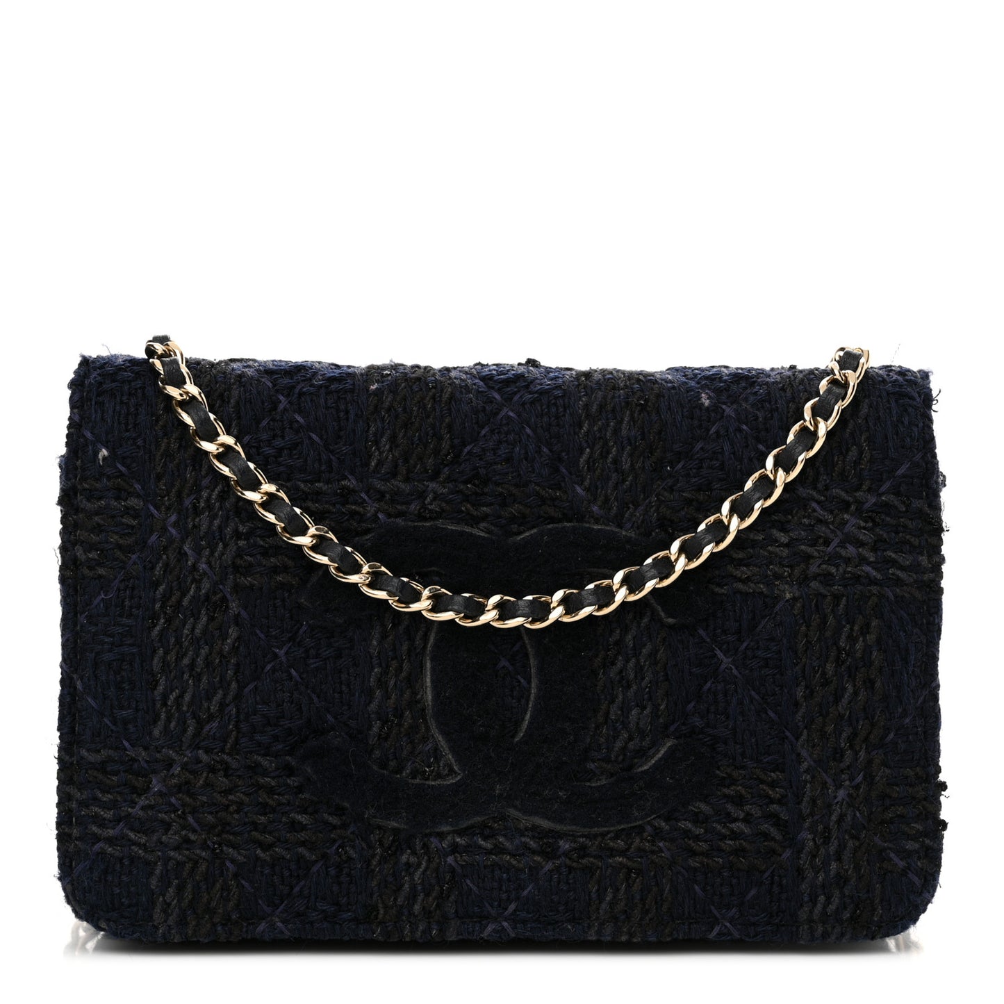 Tweed Shearling Quilted Chanel Wallet On Chain WOC Navy Black