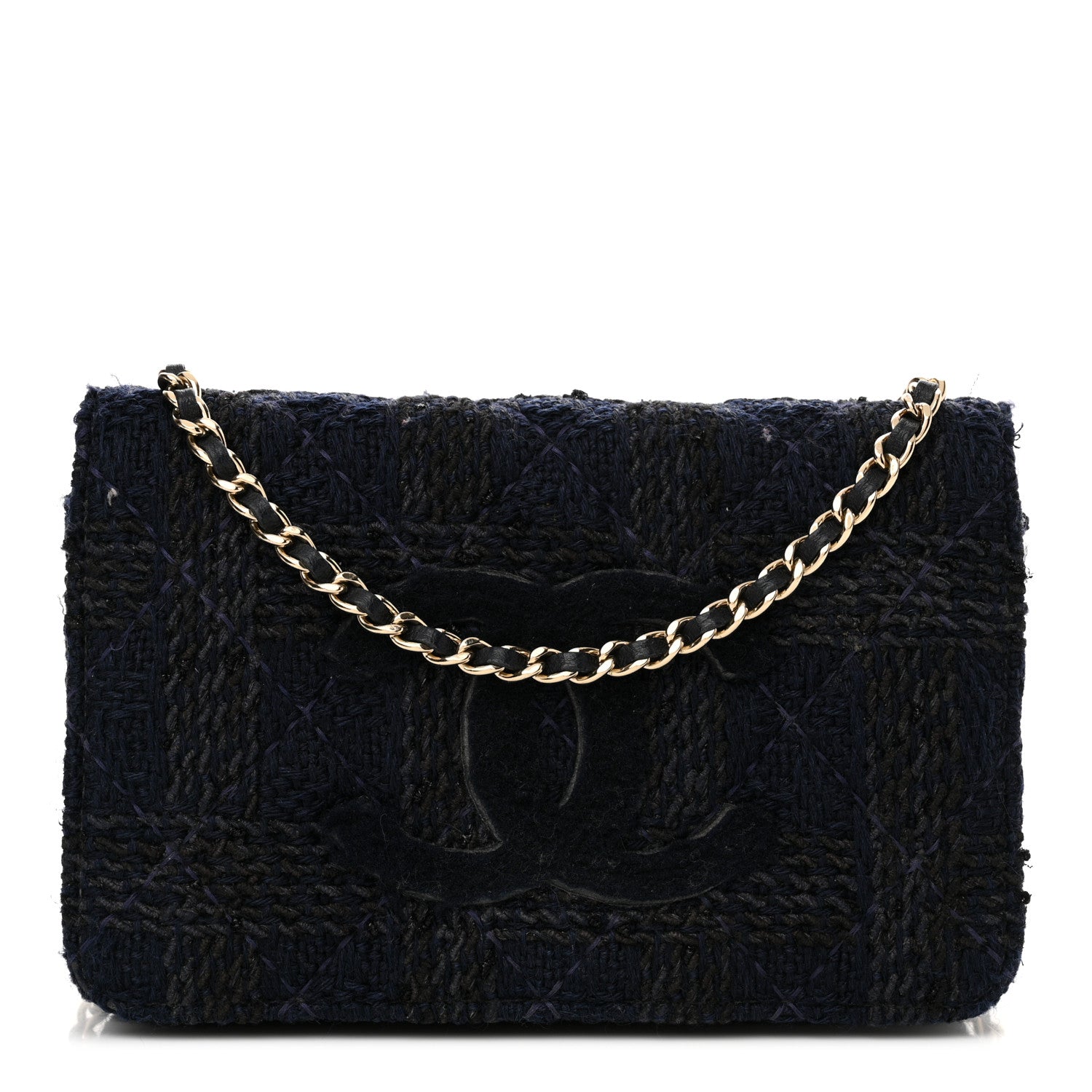 Chanel Tweed Shearling Quilted Chanel Wallet On Chain WOC Navy Black 1 of 16