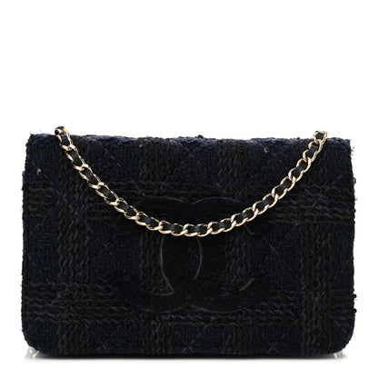 Chanel Tweed Shearling Quilted Chanel Wallet On Chain WOC Navy Black 1 of 16