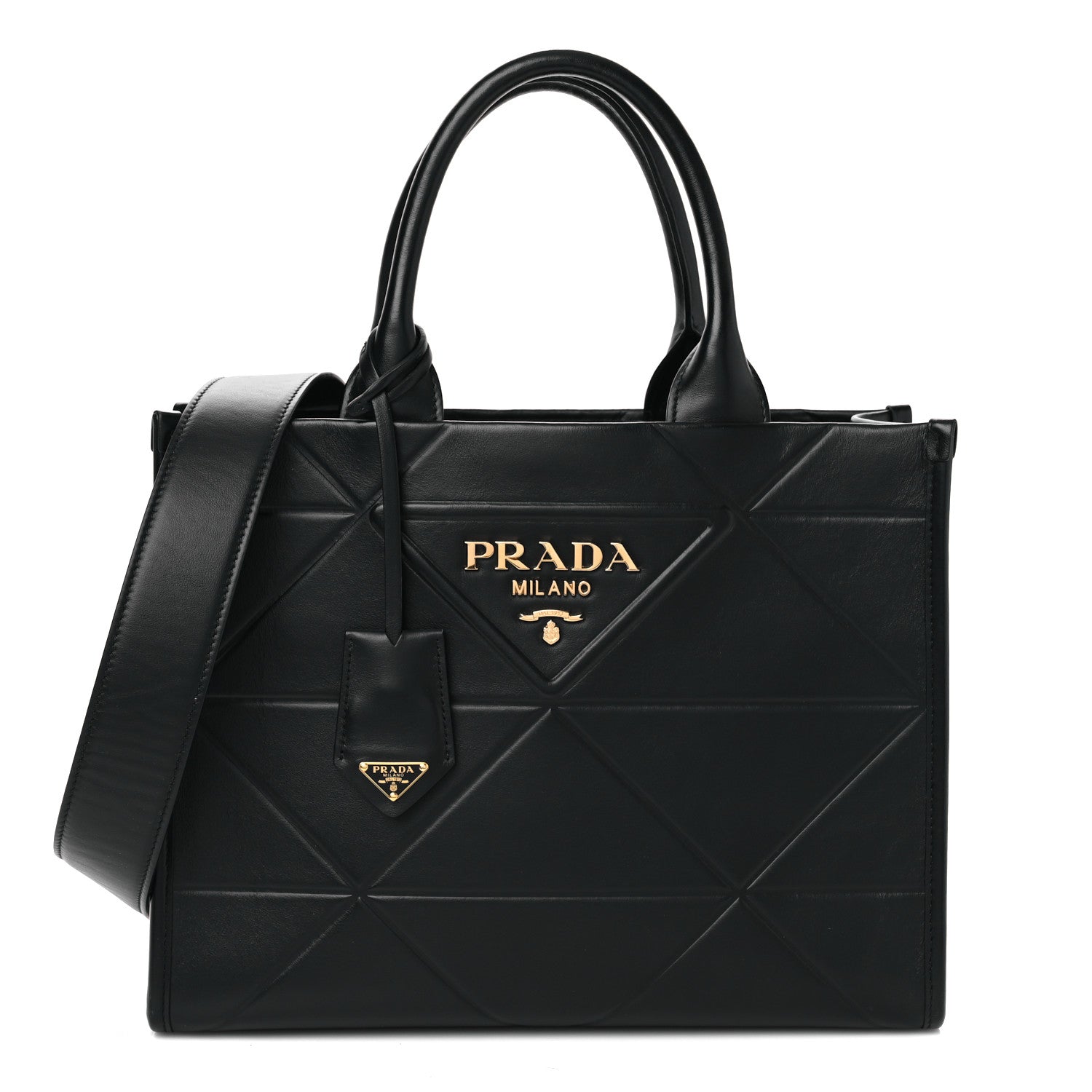 Prada Soft Calfskin Triangolo Symbole Embossed Small Tote Black 1 of 9