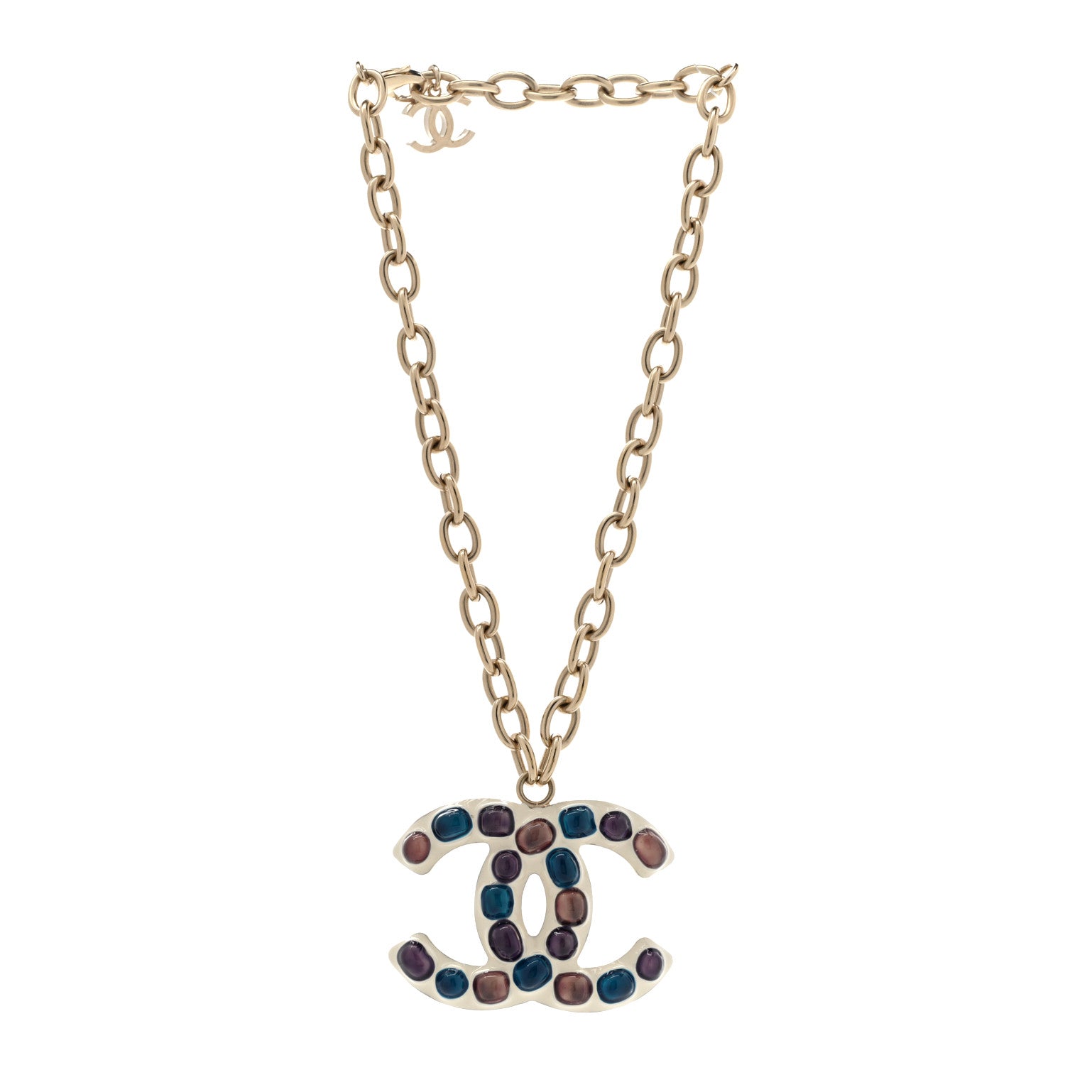 Chanel Poured Glass Large CC Pendant Necklace Gold Multicolor 3 of 6