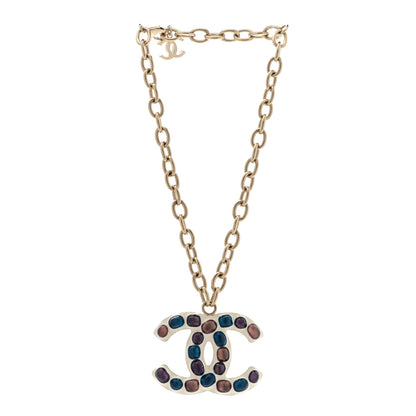 Chanel Poured Glass Large CC Pendant Necklace Gold Multicolor 3 of 6