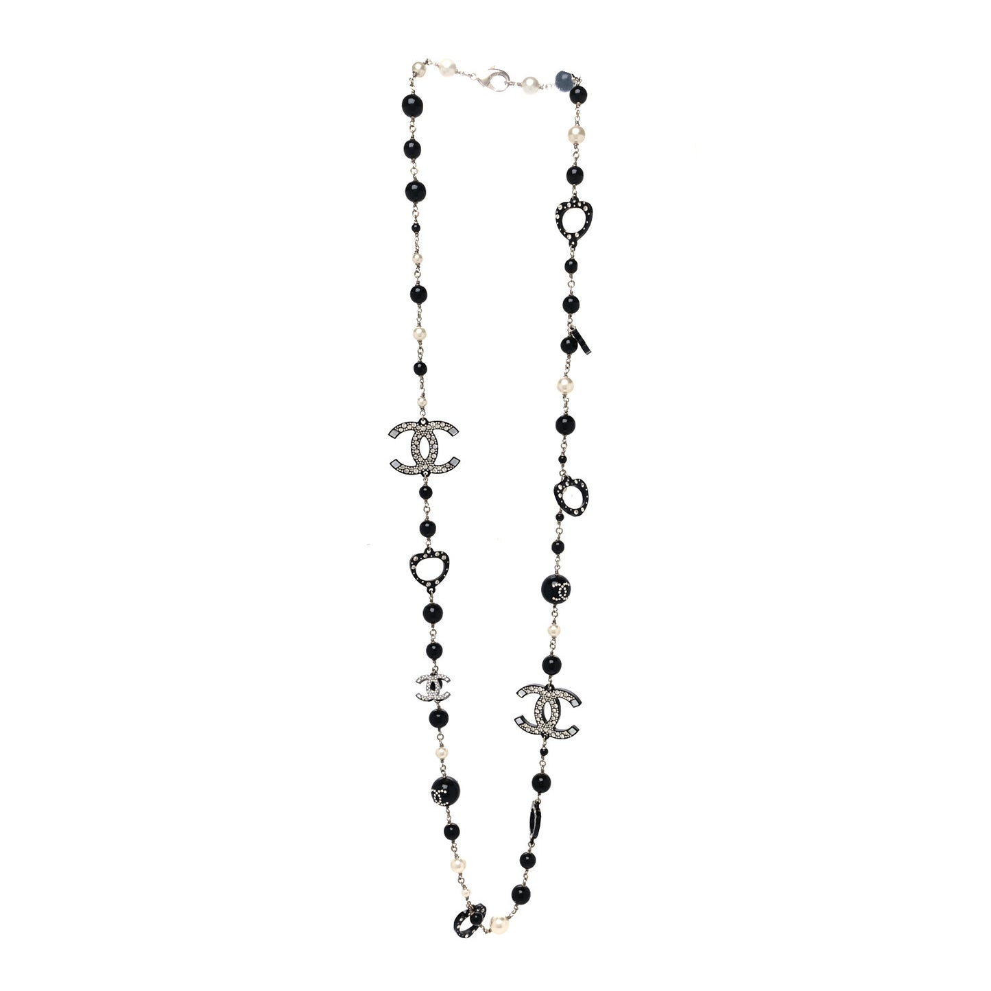 Pearl Crystal Bead CC Long Necklace Black