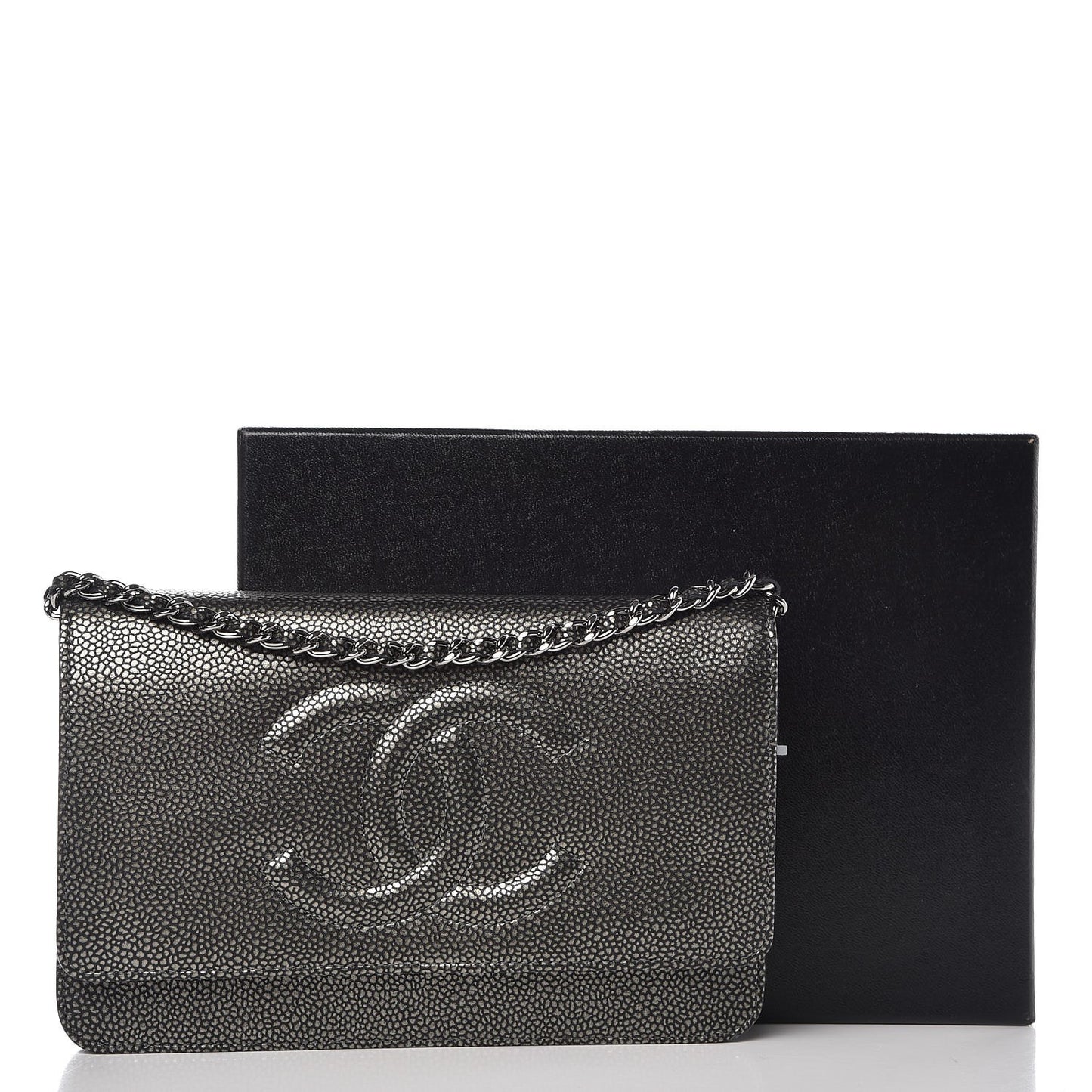 Metallic Caviar Timeless CC Wallet On Chain WOC Dark Silver