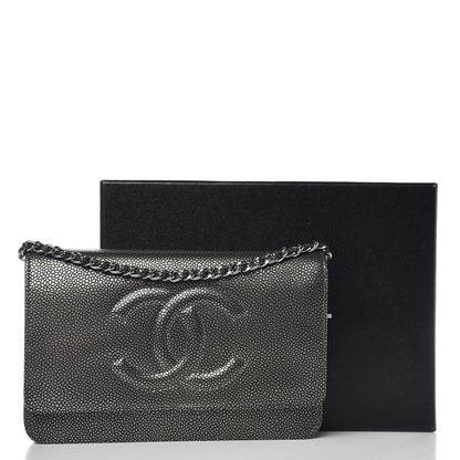 Chanel Metallic Caviar Timeless CC Wallet On Chain WOC Dark Silver 9 of 9