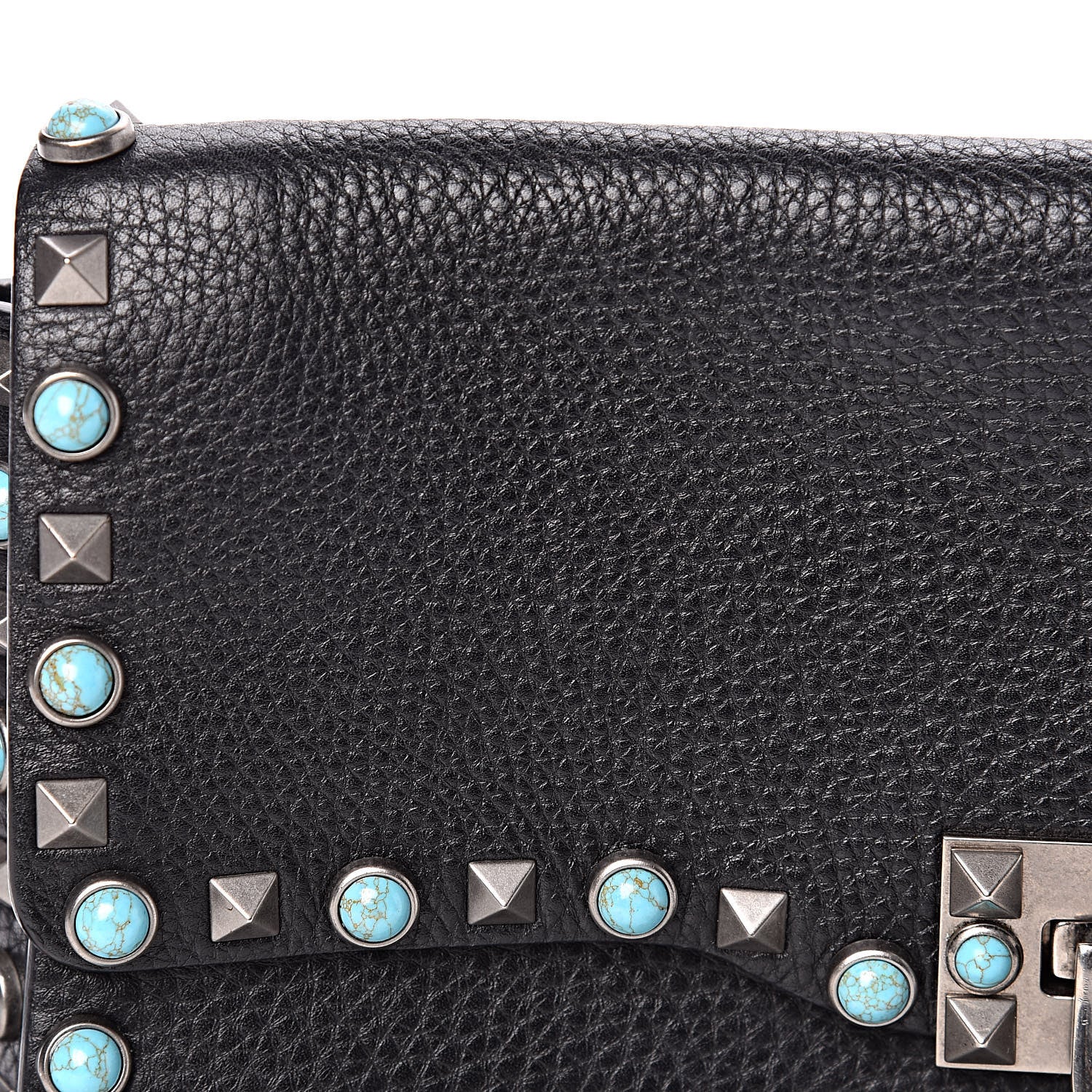 Valentino Garavani Pebbled Calfskin Turquoise Medium Guitar Strap Rockstud Rolling Flap Saddle Bag Black 9 of 17