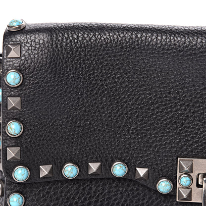 Valentino Garavani Pebbled Calfskin Turquoise Medium Guitar Strap Rockstud Rolling Flap Saddle Bag Black 9 of 17