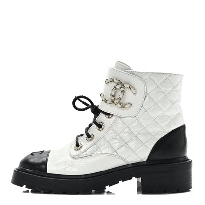 Chanel Shiny Lambskin Quilted Lace Up Combat Boots 37.5 White Black 1 of 8