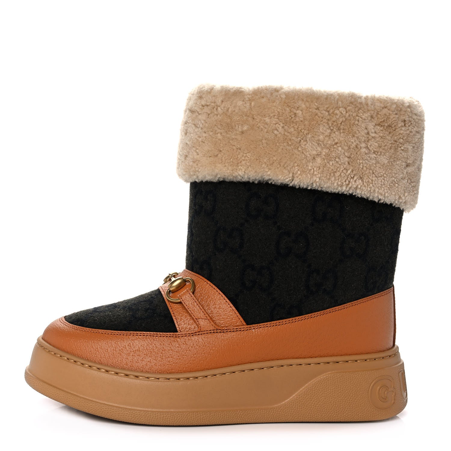 Gucci Covered Wool Monogram Textured Dollar Calfskin Shearling Horsebit Snow Boots 39.5 Underwood Blue Hazel Brown 1 of 10