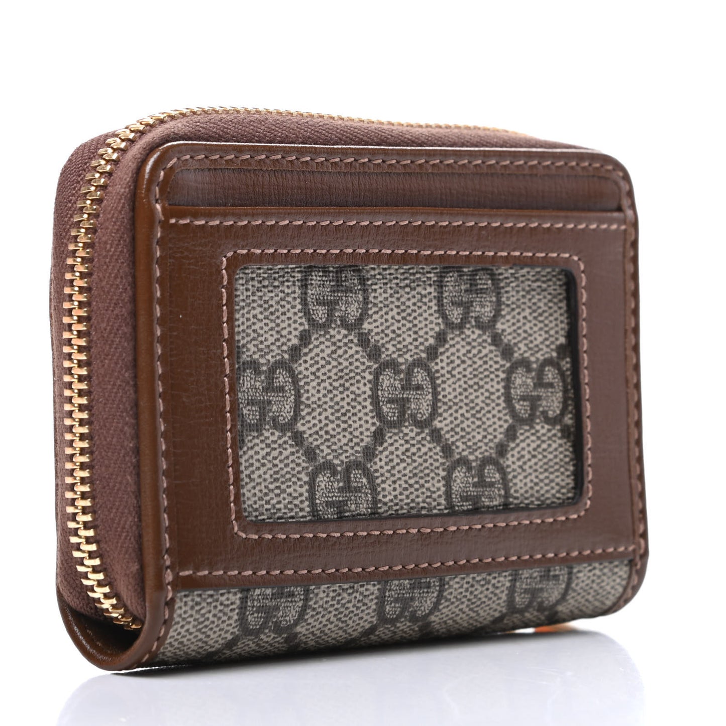 GG Supreme Monogram Azalea Calfskin Horsebit 1955 Zip Around ID Card Case Wallet Beige Ebony Brown Sugar