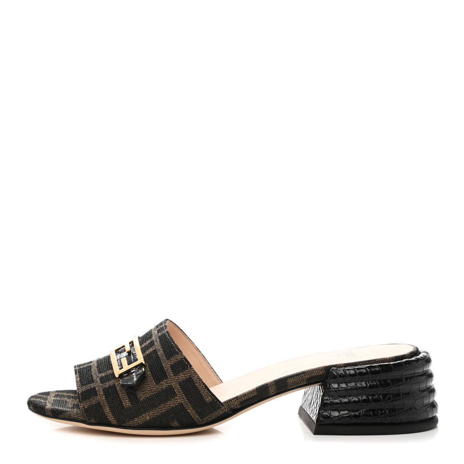 Fendi Jacquard Calfskin FF Crocodile Embossed Promenade Slide Sandals 35.5 Tobacco Moro Black 1 of 8