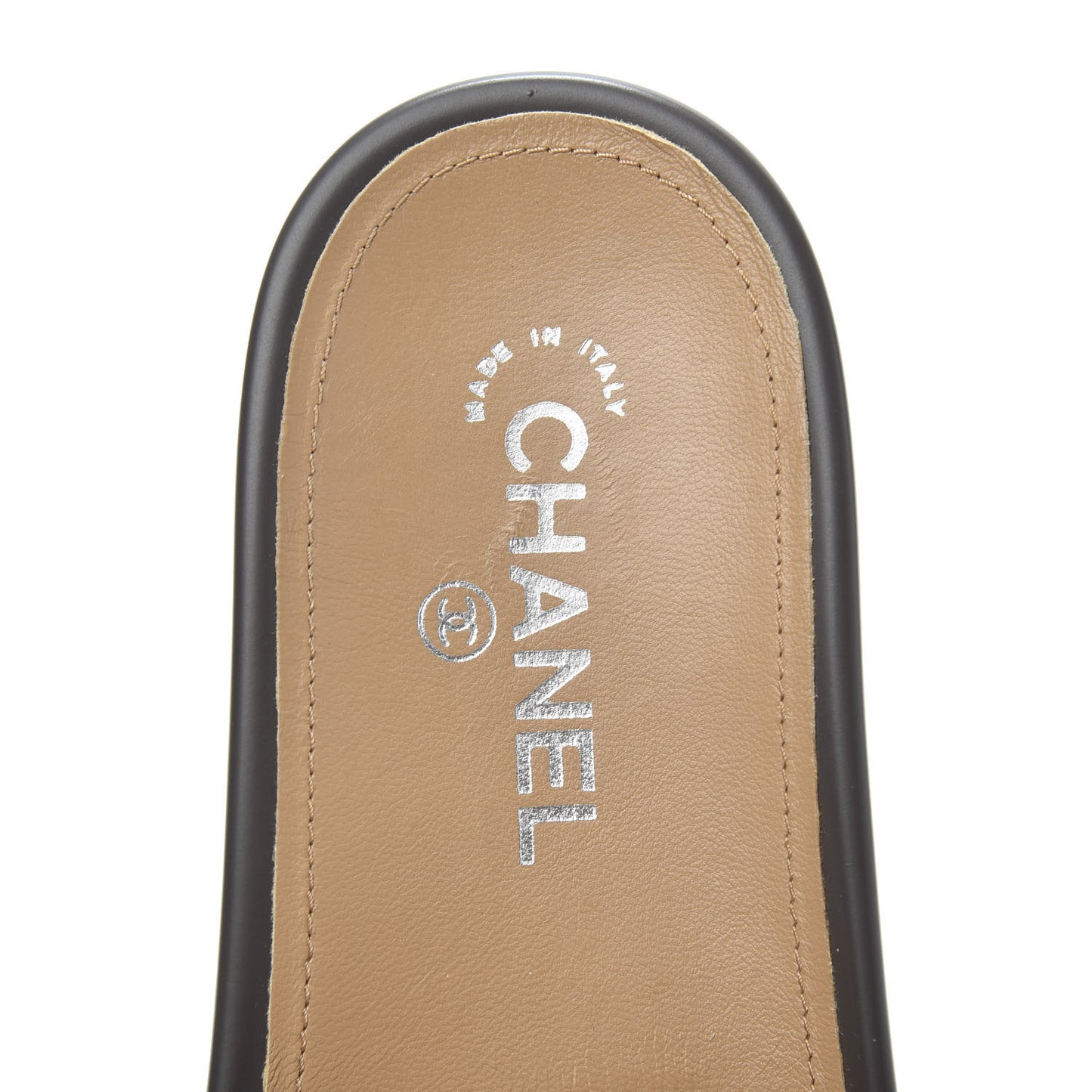 Rubber Charm Embossed CC Flat Slide Sandals 40 Dark Grey