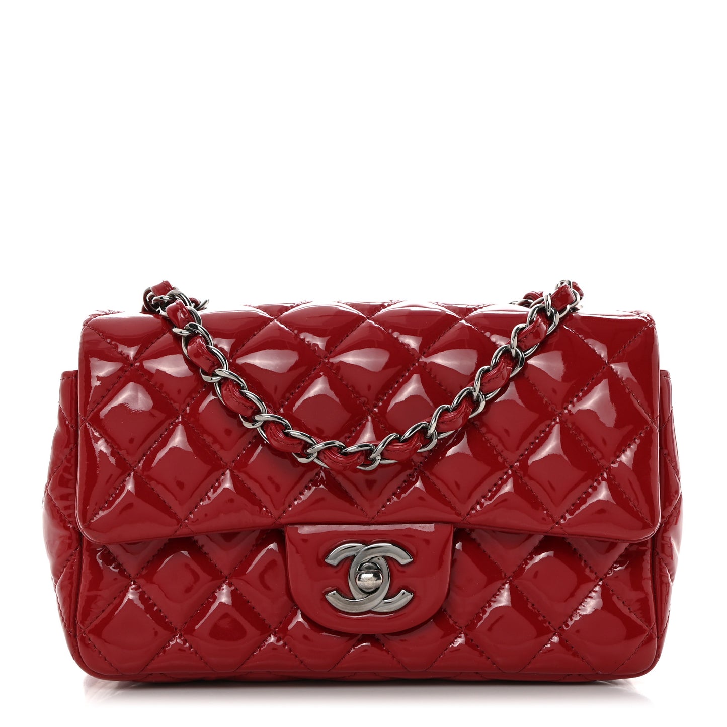 Patent Calfskin Quilted Mini Rectangular Flap Dark Red