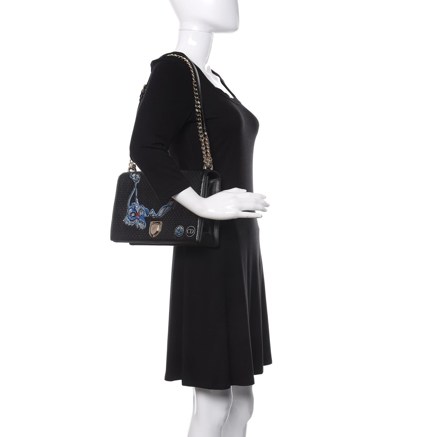 Lambskin Quilted Embroidered Large Diorama Flap Bag Black