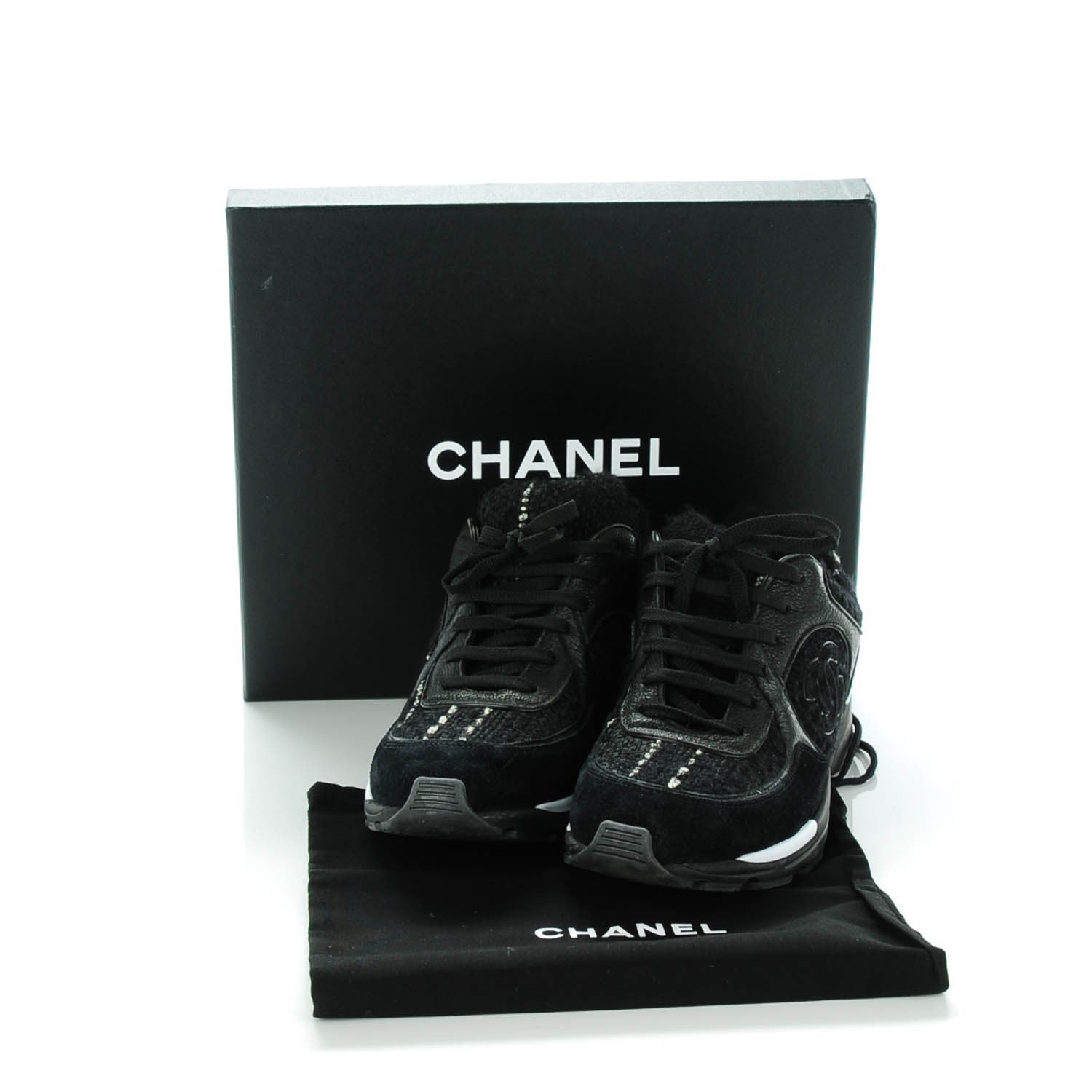 Chanel Tweed Suede Goatskin CC Sneakers 39 Black White 5 of 7