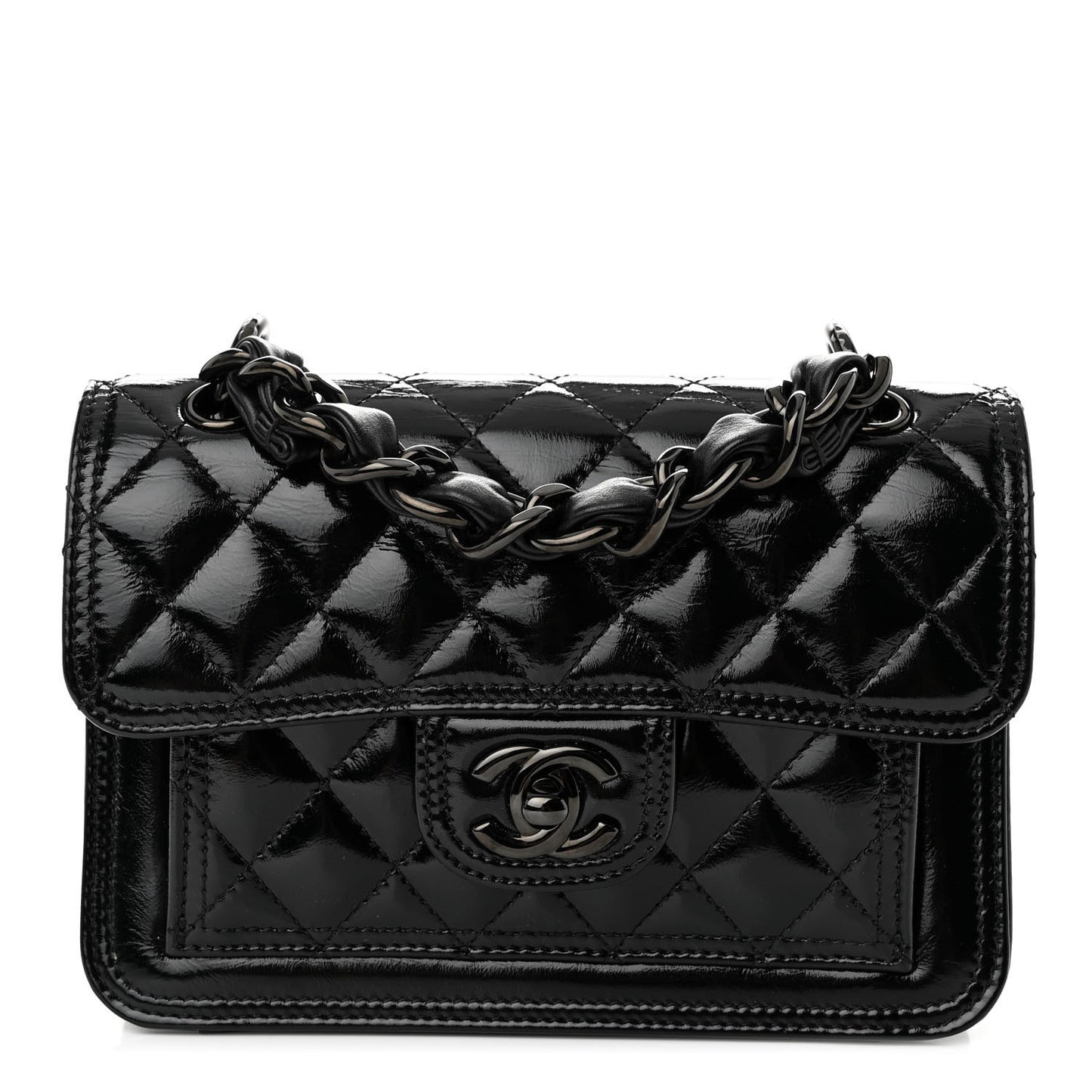 Shiny Crumpled Calfskin Quilted Double You Mini Flap So Black