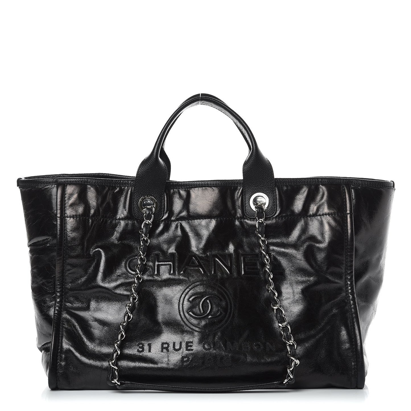 Glazed Calfskin Large Deauville Tote Black