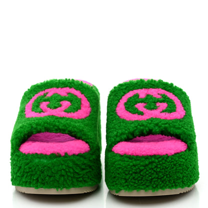 Gucci Shearling Interlocking G Womens Elea Platform Slide Wedge Sandals 38.5 Green Fluo Fuxia Fluo 2 of 10