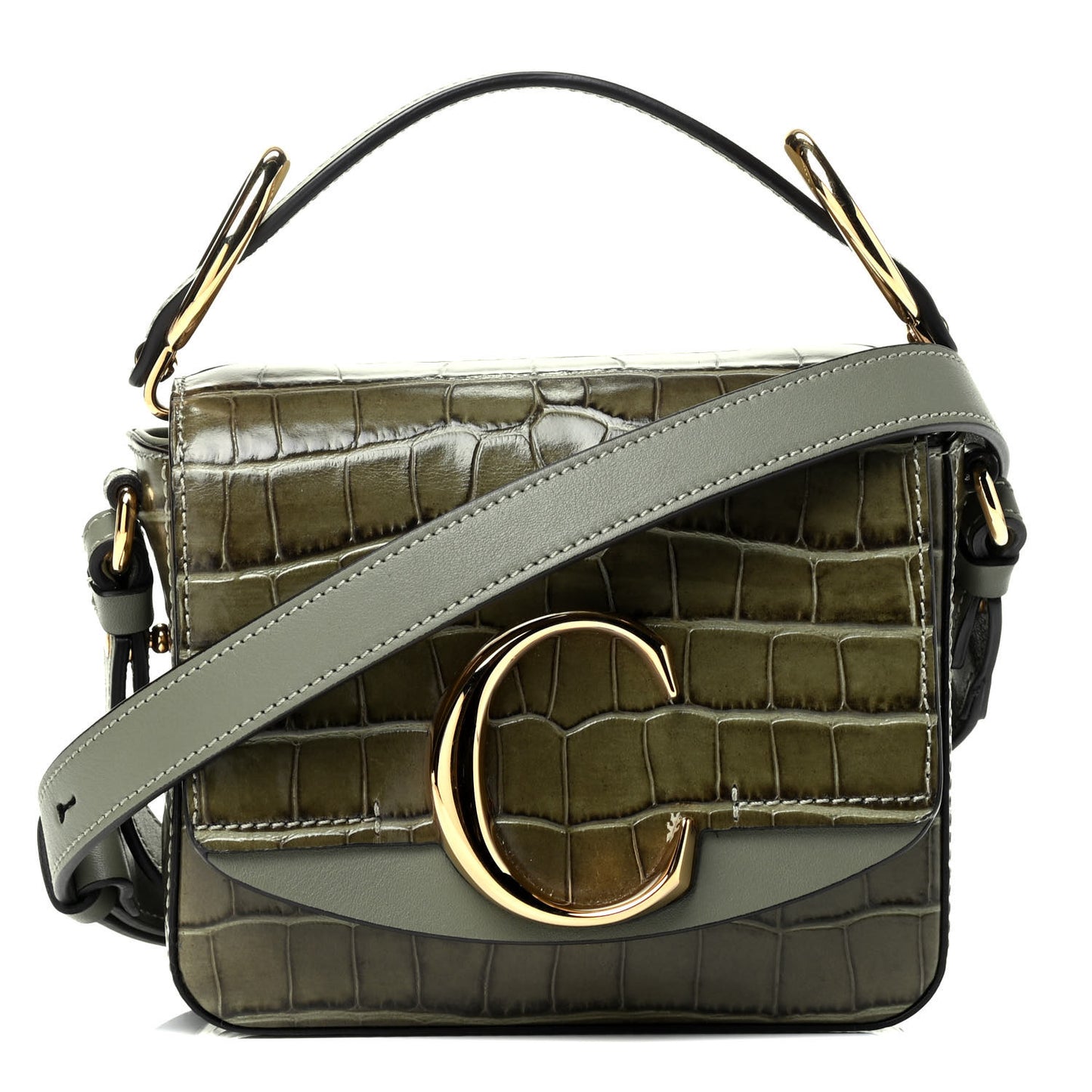 Calfskin Crocodile Embossed Mini C Double Carry Misty Forest