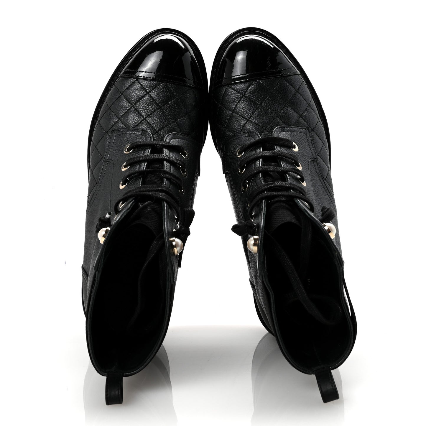 Pearly Calfskin Patent Calfskin Lace Up Combat Boots 37 Black