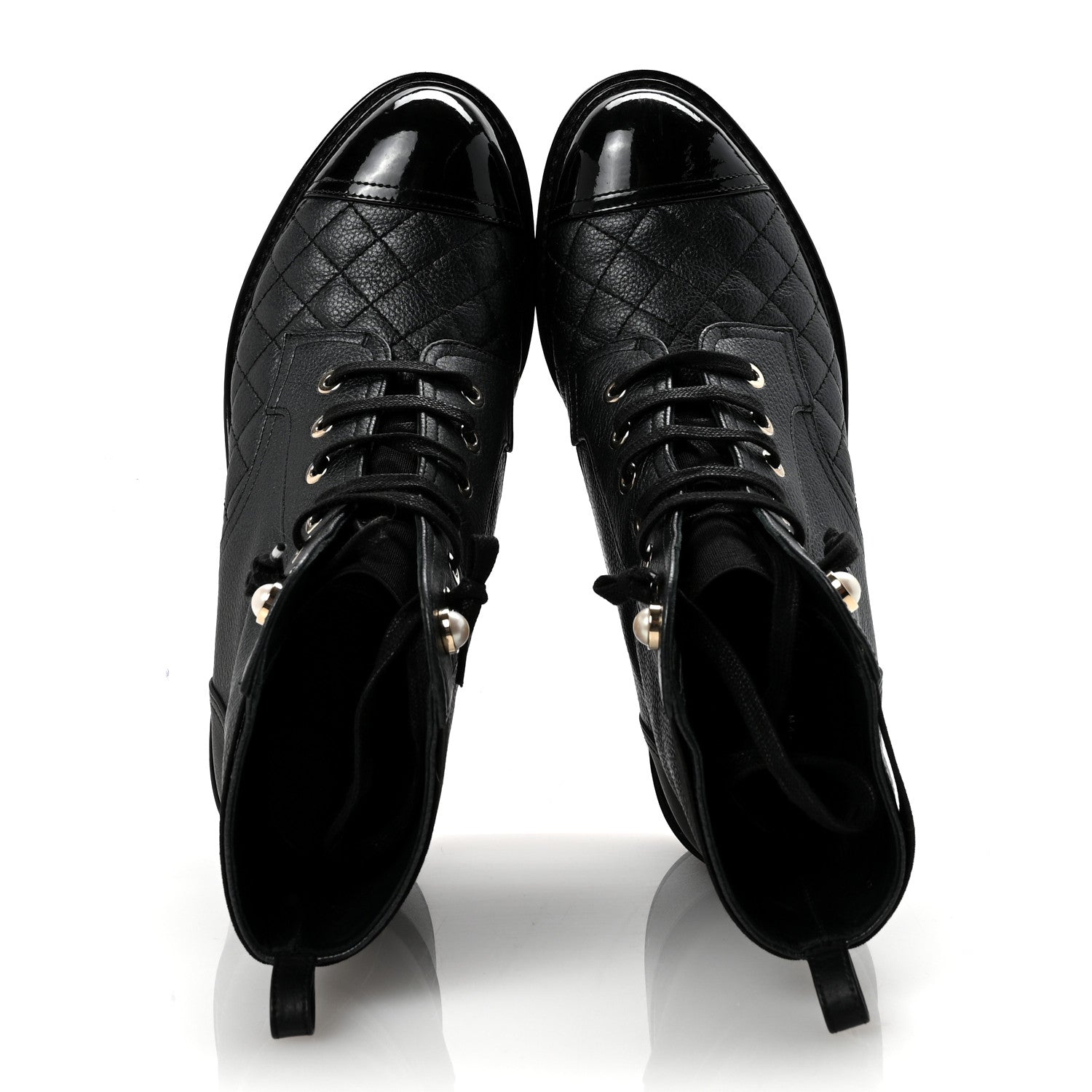 Chanel Pearly Calfskin Patent Calfskin Lace Up Combat Boots 37 Black 2 of 9