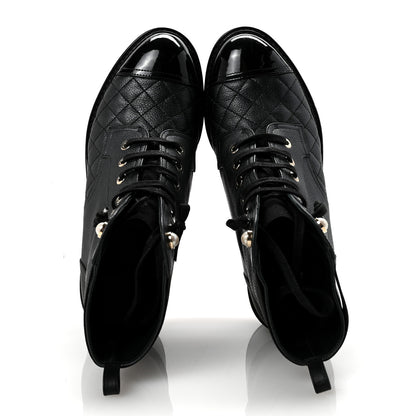 Chanel Pearly Calfskin Patent Calfskin Lace Up Combat Boots 37 Black 2 of 9